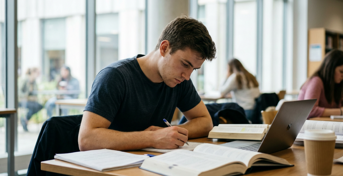 Étudiant LAS concentré travaillant dans bibliothèque universitaire moderne