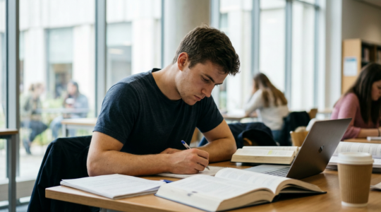 Étudiant LAS concentré travaillant dans bibliothèque universitaire moderne