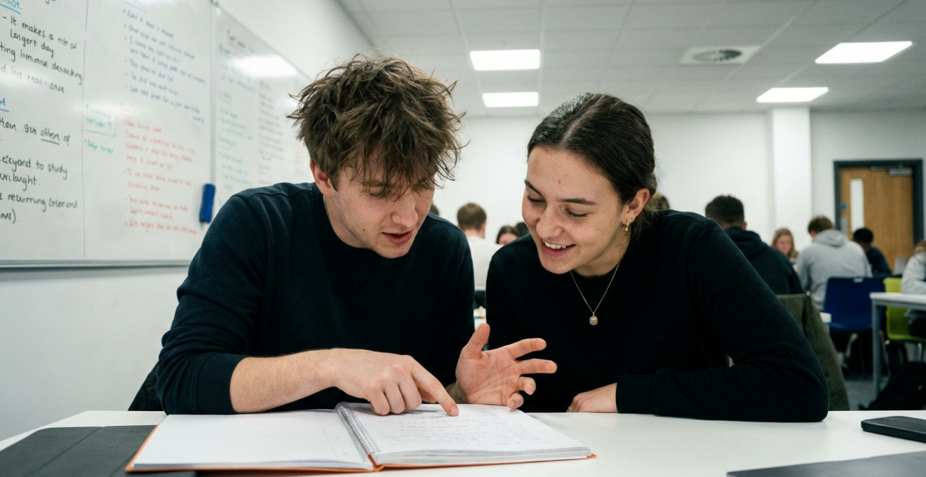 Deux étudiants en discussion révision collaborative préparation LAS