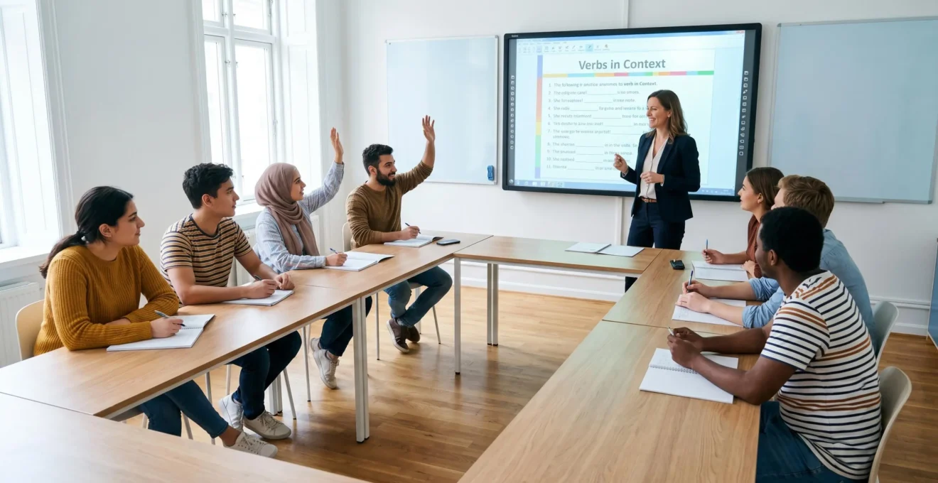 Cours d'anglais interactif dans une salle de classe lumineuse à Brighton avec une professeure et un groupe d'étudiants internationaux engagés.