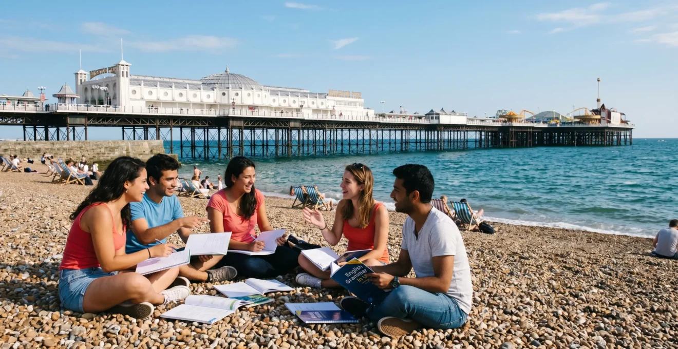 Groupe d'étudiants internationaux révisant sur la plage de Brighton avec le célèbre Brighton Palace Pier en arrière-plan sous un ciel d'été lumineux.