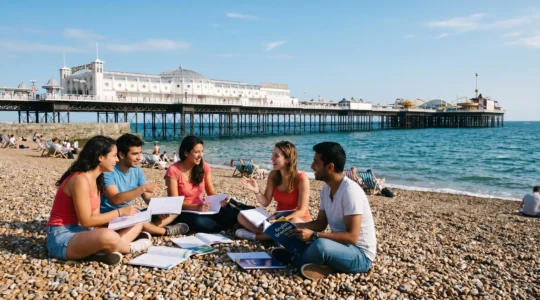 Groupe d'étudiants internationaux révisant sur la plage de Brighton avec le célèbre Brighton Palace Pier en arrière-plan sous un ciel d'été lumineux.