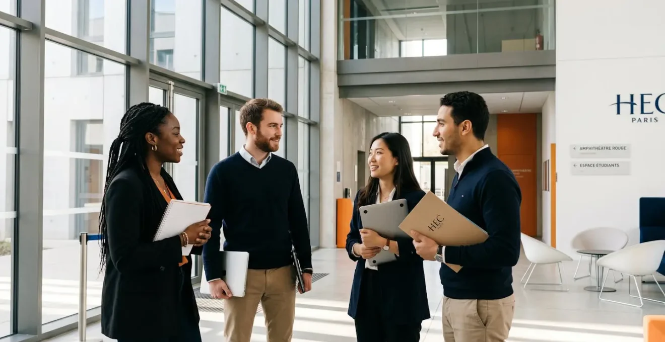 Groupe d'étudiants en discussion dans le hall lumineux d'une école de commerce française avec architecture contemporaine vitrée