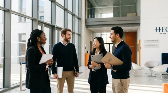 Groupe d'étudiants en discussion dans le hall lumineux d'une école de commerce française avec architecture contemporaine vitrée