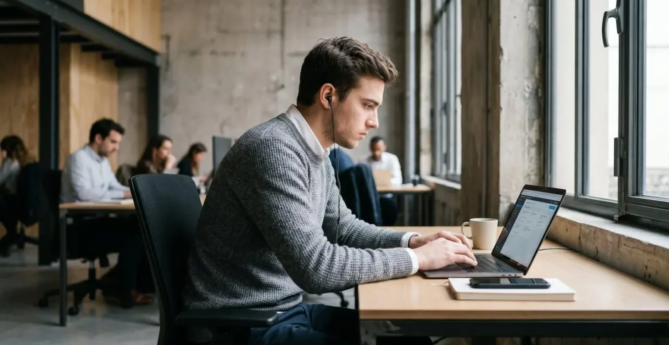 Jeune alternant concentré devant son ordinateur dans un open-space professionnel moderne