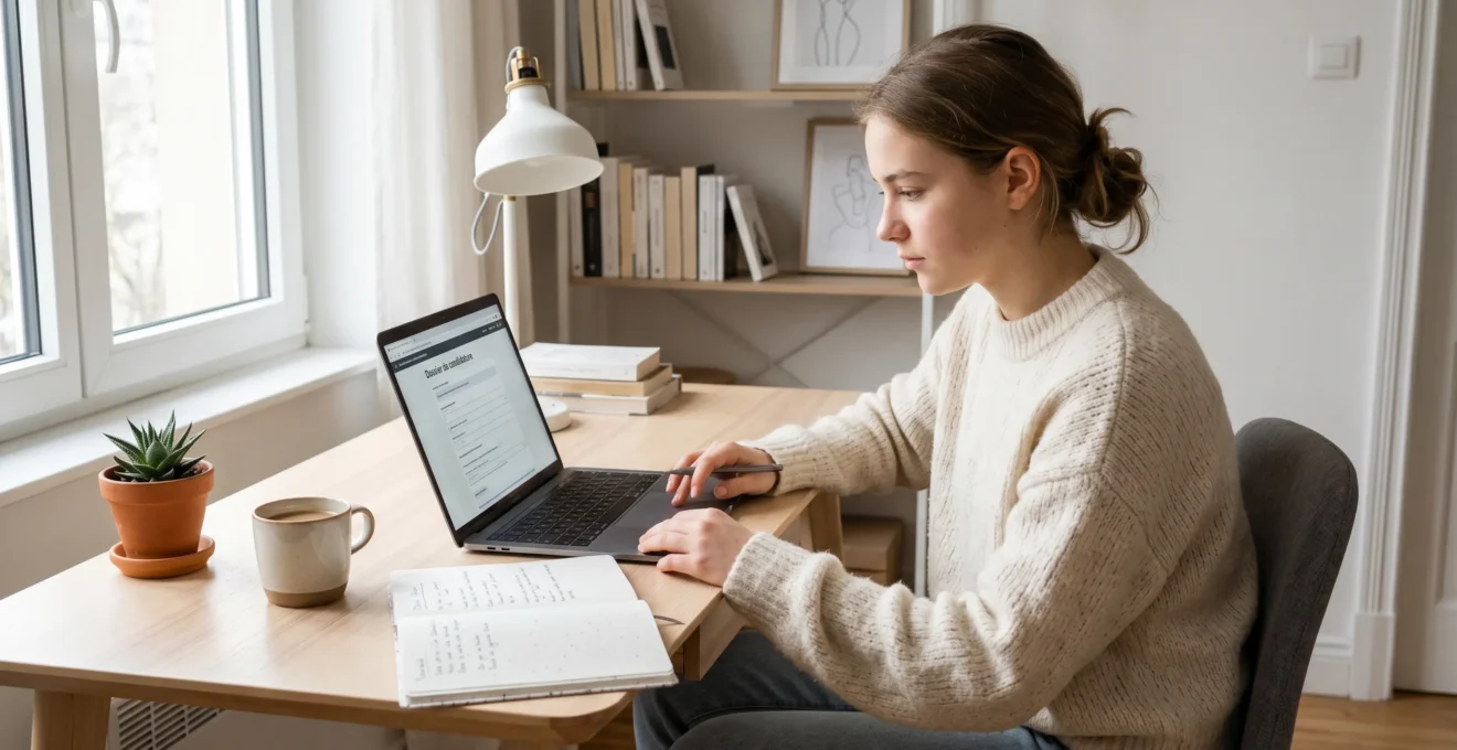 Lycéenne de 17 ans consultant une plateforme d'orientation universitaire sur ordinateur portable dans son espace de travail à domicile