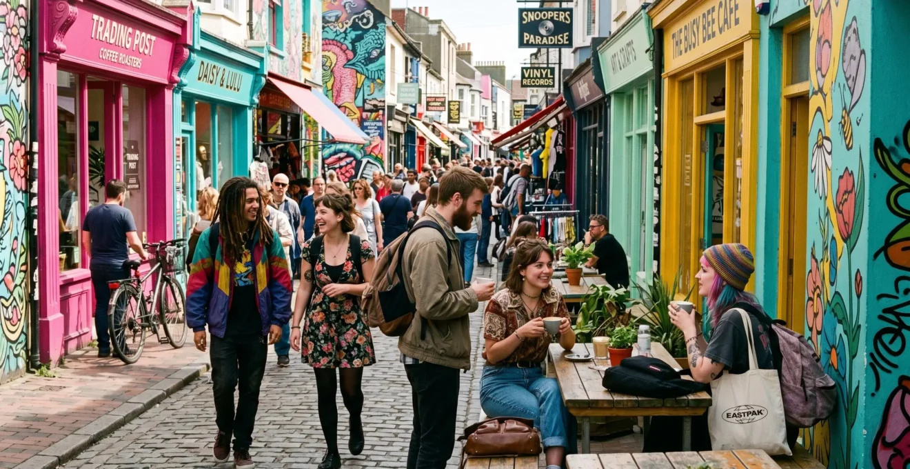 Rue colorée du quartier bohème North Laine à Brighton avec ses boutiques vintage, street art vibrant et jeunes cosmopolites flânant.