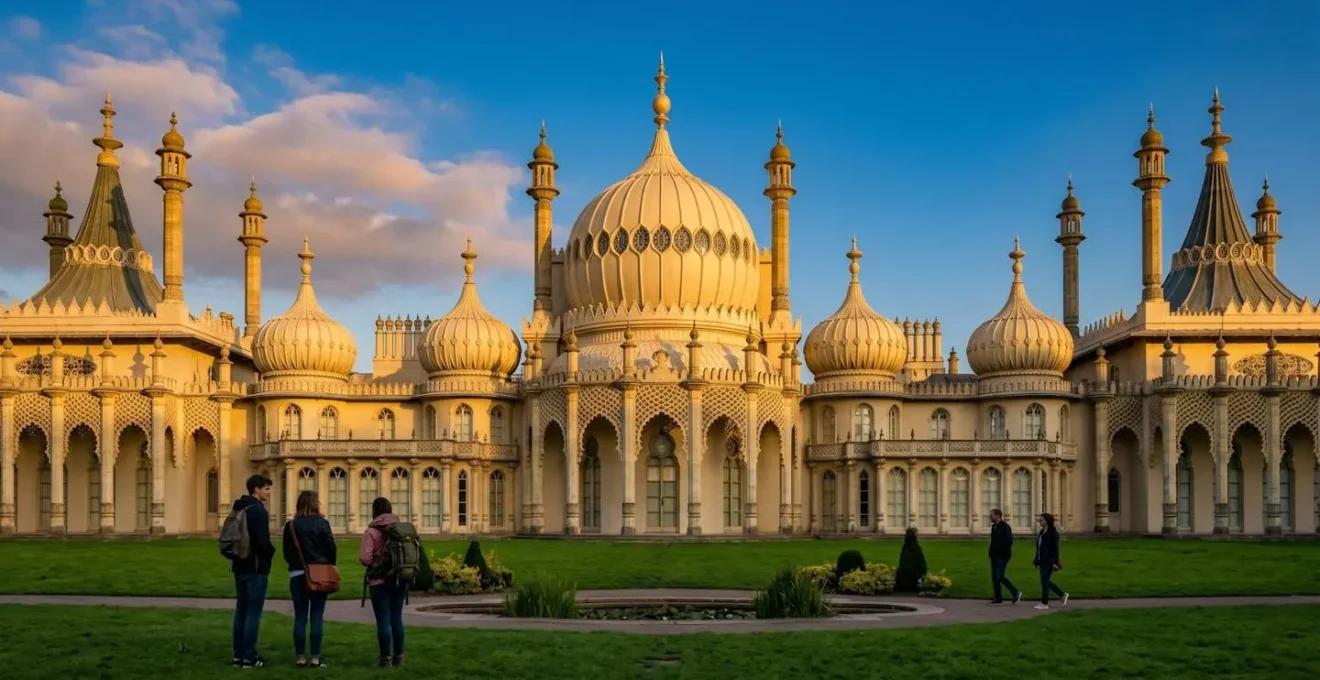 Le Royal Pavilion de Brighton avec son architecture indo-sarrasine unique et ses dômes dorés, sous une lumière dorée de fin d'après-midi.